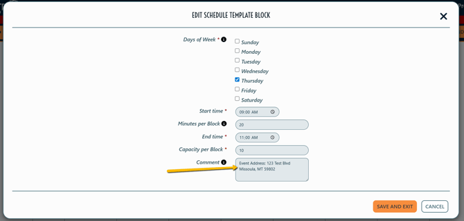 Add a Comment to Schedule Template Block