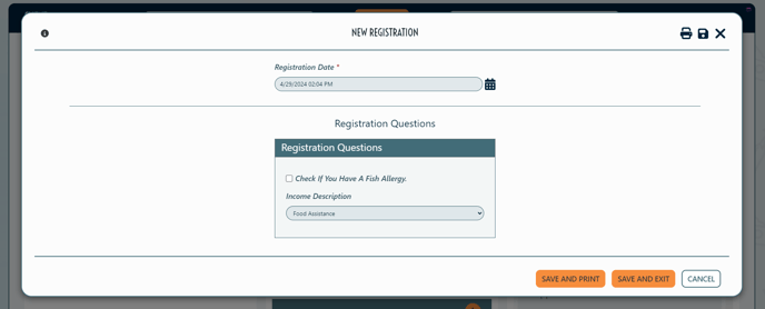 Client Registration Screen with Food Assitance Income Source