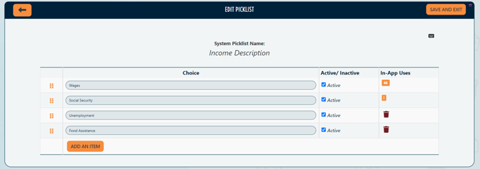 Income Description Picklist