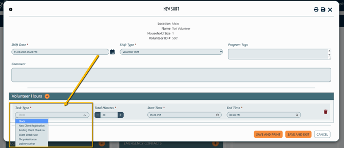 Volunteer Task Type in a Shift Record