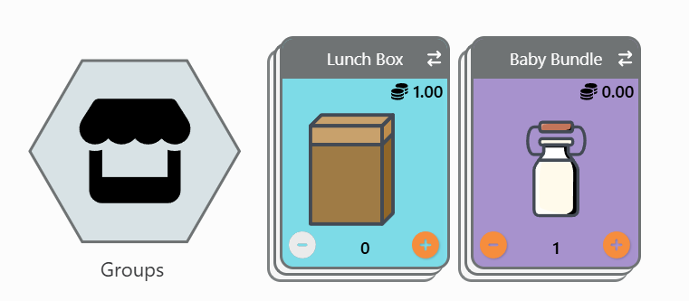 PantrySoft screenshot of ShopView showing Groups Item Types and Group Items Lunch Box and Baby Bundle