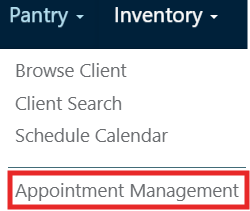 Screenshot of PantrySoft's Pantry tab. Options are Browse Client, Client Search, Schedule Calendar and Appointment Management. Appointment Management has a red box around it.