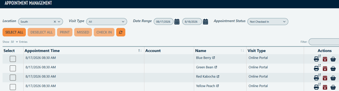 Screenshot PantrySoft Appointment Management page
