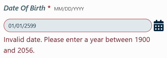 Screenshot of PantrySoft with date of birth entered 01/01/2599. Red letters below state "Invalid date. Please enter a year between 1900 and 2056."