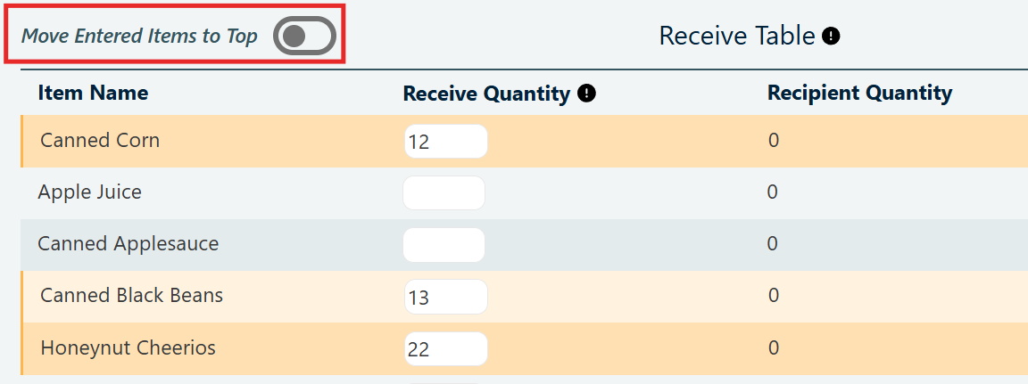 Screenshot of PantrySoft Receive Table in Inventory Management. Move Entered Items to Top toggle has a red box around it. Items Canned Corn, Canned Black Beans and Honeynut Cheerios are highlighted in various shades of yellow. Items Apple Juice and Canned Applesauce are gray
