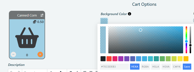 Screenshot of PantrySoft cart options. Item card is titled Canned Corn. Background selector is showing a light blue color being selected for Item card. 