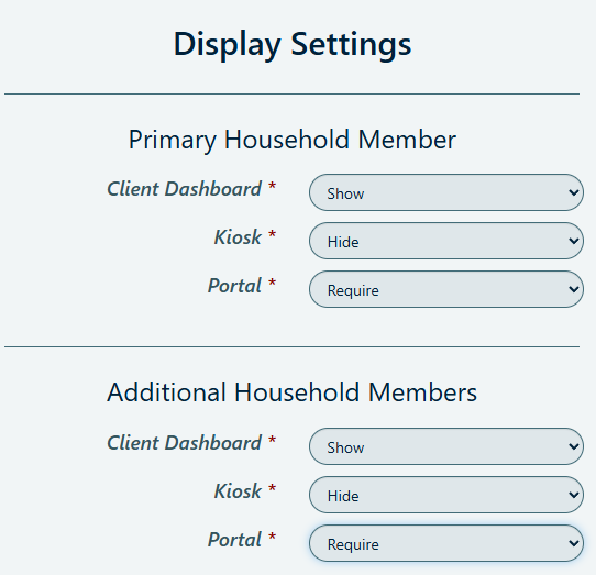 Screenshot of PantrySoft display settings for Primary and Additional Household Member in Demographic Questions. 