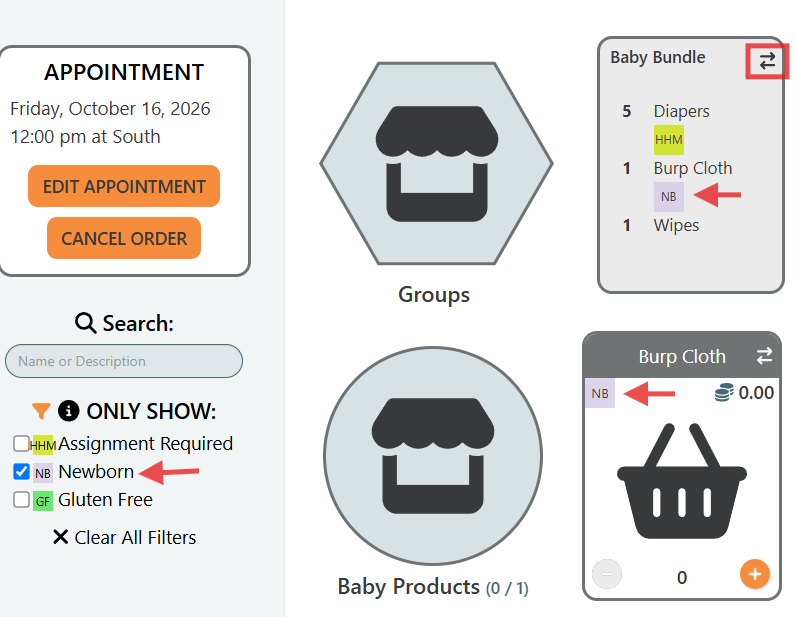 Screenshot of PantrySoft Client Portal with Newborn Tag selected, and Group Baby Bundle displaying Newborn Tag. Group is filtered by Item Tag.