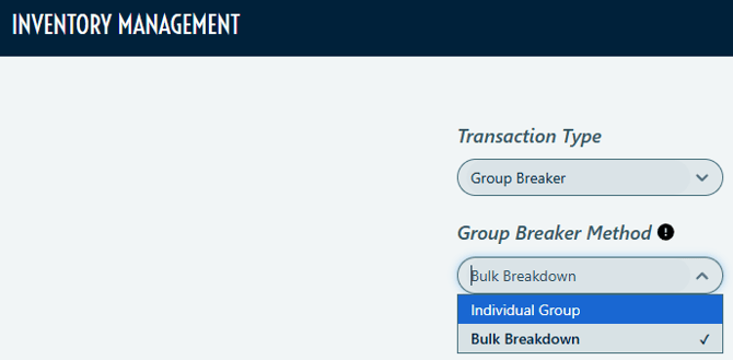 Screenshot of PantrySoft Inventory Management Page. Transaction Type is Group Breaker. Group Breaker Method shows options for Individual Group or Bulk Breakdown.