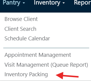 Screenshot of PantrySoft Pantry tab. Inventory Packing is called out with a red arrow.